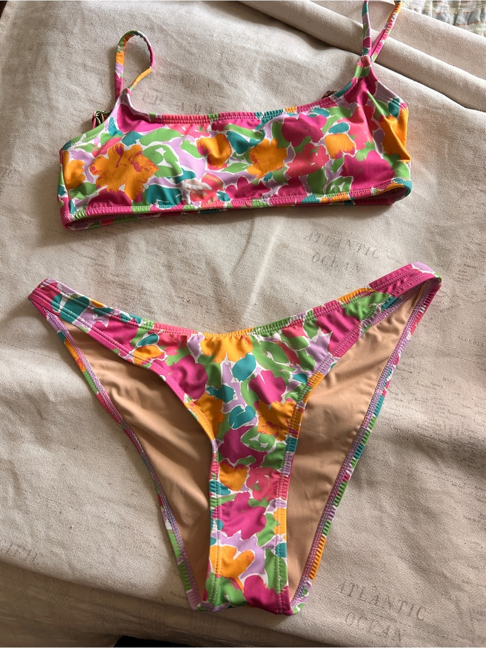 Floral Print Bikini Set in Pink, Yellow & Green